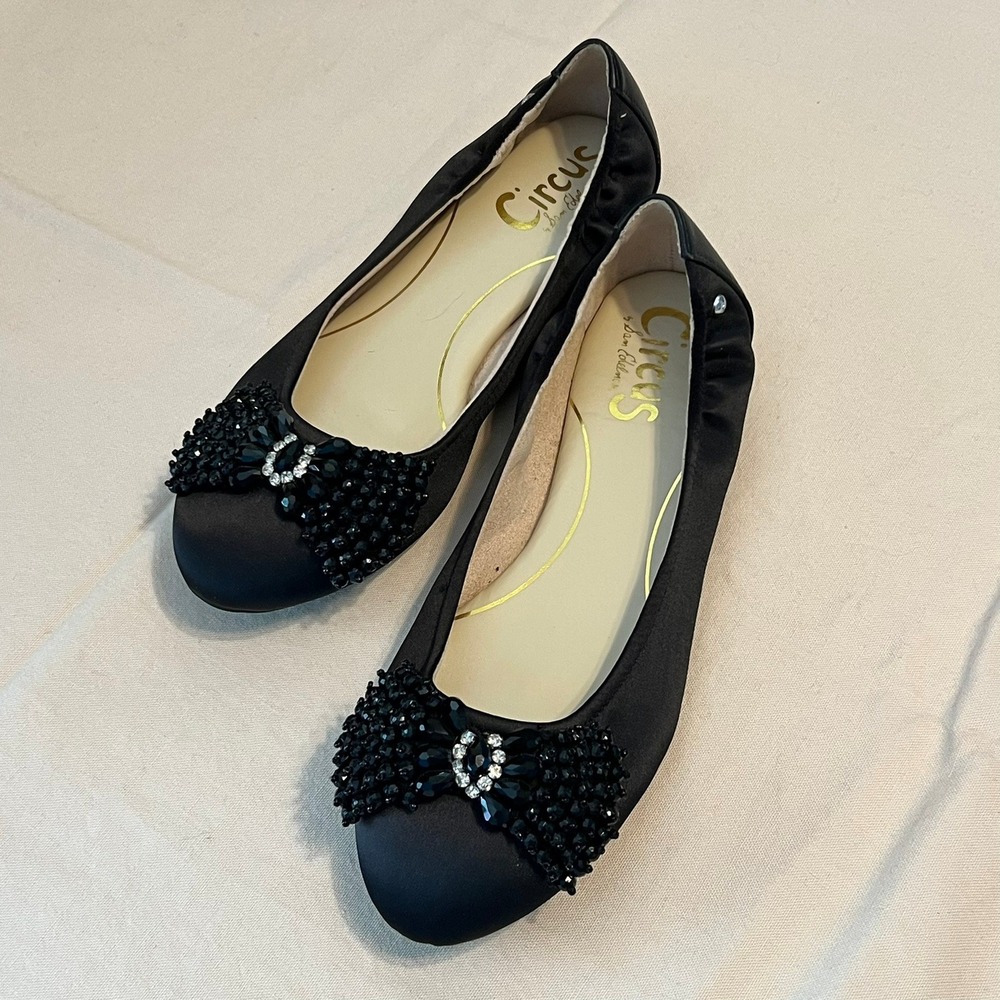 Circus by Sam‎ Edelman Womens Black Satin Beaded Bow Ballet Flats Size 8